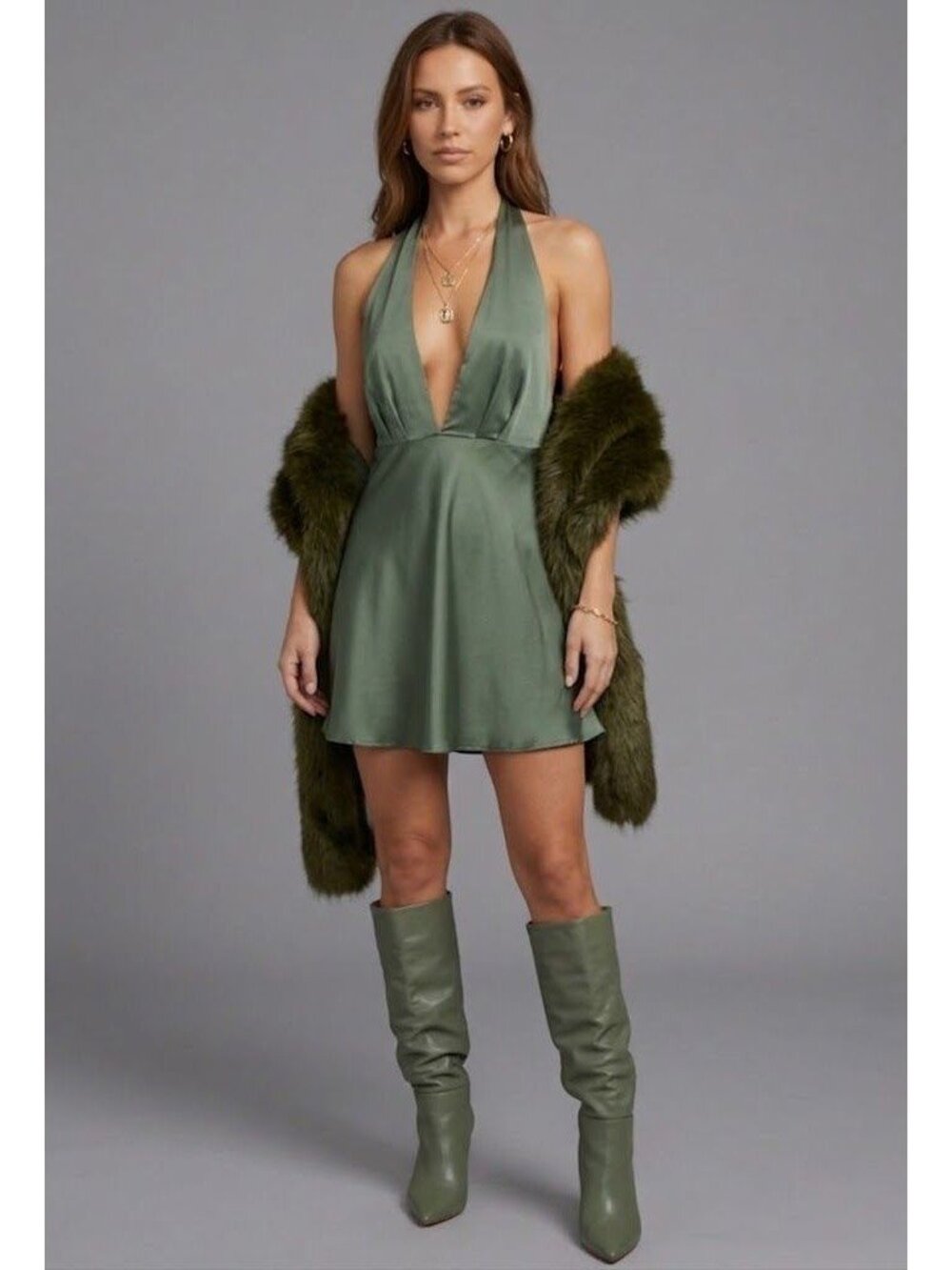 Zara Halter Neck Satin Mini Dress Olive Green XL Polyester Blend